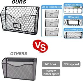 img 3 attached to 🗄️ Stegodon 3-Tier Wall File Holder & Hanging Organizer with 15 Hooks - Magazine Mail Rack Basket and Tag Slot for Office and Dorm (Black)