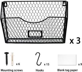 img 2 attached to 🗄️ Stegodon 3-Tier Wall File Holder & Hanging Organizer with 15 Hooks - Magazine Mail Rack Basket and Tag Slot for Office and Dorm (Black)