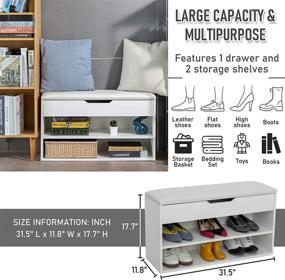 img 3 attached to White Entryway Shoe Storage Bench with Leather Cushion Seat, Drawer, and 2-Tier Wooden Shoe Rack - Shoe Storage Cabinet for Living Room, Bedroom