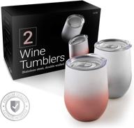 set of 2 insulated wine tumblers with lid - stainless steel stemless wine glasses - double wall vacuum insulated travel tumbler cups for coffee, drinks, champagne, cocktails, beverages - 12 oz - your happy day logo