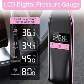 img 2 attached to Portable 12V DC Mini Inflator Air Compressor for Car, Motorcycle, Bike, Ball, and Balloon - Handheld Cordless Tire Pump with LCD Digital Pressure Gauge, 150PSI, 6000mAh - Pink