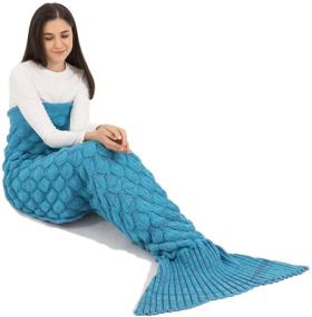 img 2 attached to 🧜 FANYITY Mermaid Tail Blanket, Handmade Crochet Fishtail Sofa Quilt for Adults & Girls - Knitted Mermaid Sleeping Bag in Blue, 200cm X 90cm