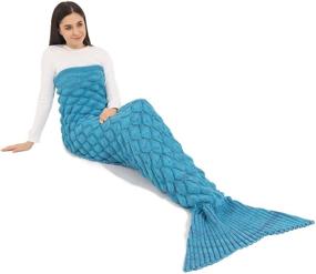 img 1 attached to 🧜 FANYITY Mermaid Tail Blanket, Handmade Crochet Fishtail Sofa Quilt for Adults & Girls - Knitted Mermaid Sleeping Bag in Blue, 200cm X 90cm