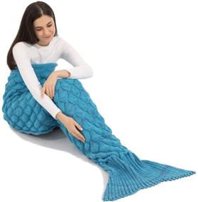 img 3 attached to 🧜 FANYITY Mermaid Tail Blanket, Handmade Crochet Fishtail Sofa Quilt for Adults & Girls - Knitted Mermaid Sleeping Bag in Blue, 200cm X 90cm