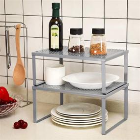 img 3 attached to SONGMICS Metal Kitchen Counter Shelf Organizers, Set of 2 - Stackable, Expandable, Silver UKCS01SV