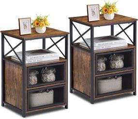 img 4 attached to 🌃 VECELO Modern Night Stand – Set of 2 Rustic Brown End Side Tables with Storage Space and Drawer