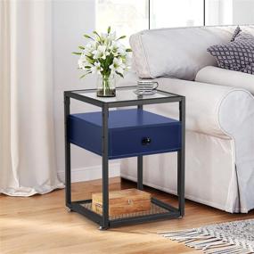 img 2 attached to 🛋️ VECELO Nightstand Industrial Style End Side Table Cabinet with Drawer and Shelf for Living Room Bedroom Lounge, Set of 2, 15.7"X15.7"X21.7", DBLU