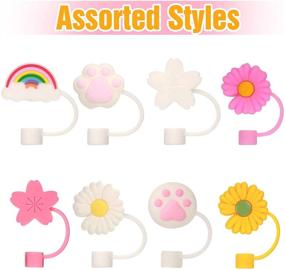 img 1 attached to 🌈 Colorful and Protective Silicone Straw Tip Covers: Sunflower, Cherry Blossom, Rainbow, Cat Paw - 8 Pieces Reusable Lid Caps for 6-8mm Straws, Anti-dust Plugs