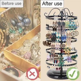 img 1 attached to 📿 MODOWEY 5 Tier Metal Rotating Earring Holder Organizer - Exquisite Jewelry Display Stand for Earrings and Necklaces - 220 Holes - 14x6.3 Inch (Black)