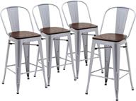 🪑 set of 4 yongqiang 24" high back metal bar stools with wooden seat - industrial silver counter height chairs логотип