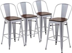 img 3 attached to 🪑 Set of 4 Yongqiang 24" High Back Metal Bar Stools with Wooden Seat - Industrial Silver Counter Height Chairs