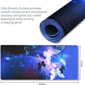 img 2 attached to 🖱️ XXL Расширенный игровой коврик для мыши - 35,1x15,75 дюйма, водонепроницаемый коврик для мыши для компьютерного стола, ноутбука, клавиатуры - база из противоскользящего резинового материала, обработанные края, дизайн с изображением бабочек в стиле искусства.