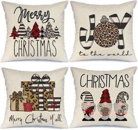 img 4 attached to 🎄 AENEY Set of 4 Christmas Pillow Covers 18x18 - Buffalo Plaid Stripe Tree Gnome Rustic Winter Holiday Throw Pillows for Home Decor - Farmhouse Christmas Cushion Cases for Couch - Xmas Decorations A300-18