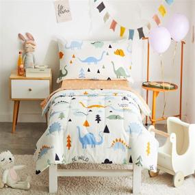 img 4 attached to 🦖 Joyreap 4 Piece Cotton Toddler Bedding Set for Kids Boys and Girls - Dinosaur Theme, Cream White and Orange, Reversible Design - Includes Quilted Comforter, Fitted Sheet, Top Sheet, and Pillowcase