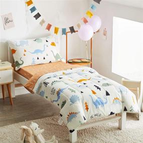 img 3 attached to 🦖 Joyreap 4 Piece Cotton Toddler Bedding Set for Kids Boys and Girls - Dinosaur Theme, Cream White and Orange, Reversible Design - Includes Quilted Comforter, Fitted Sheet, Top Sheet, and Pillowcase