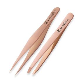 img 4 attached to 💎 Premium Rose Gold Professional Tweezers Set – Slant Tip and Pointed – Eyebrow and Facial Hair Removal Kit – Stainless Steel – Ideal for Ingrown Hair, Splinters, Blackheads, and Ticks