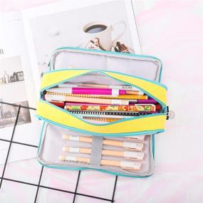 img 3 attached to iSuperb Large Capacity Pencil Case Canvas Cute Stationery Organizer Storage Pouch 3 Compartments Zipper Pencil Bag Cosmetic Bag for Women (Crocodile Yellow): Stylish and Spacious Organizer Solution for Your Stationery Needs!