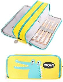 img 4 attached to iSuperb Large Capacity Pencil Case Canvas Cute Stationery Organizer Storage Pouch 3 Compartments Zipper Pencil Bag Cosmetic Bag for Women (Crocodile Yellow): Stylish and Spacious Organizer Solution for Your Stationery Needs!