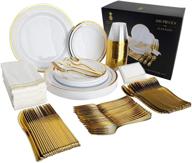 🍽️ premium 200 piece gold dinnerware set for 25 guests: disposable plates, napkins, silverware, place cards, and cups for weddings & parties logo