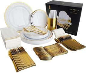 img 4 attached to 🍽️ Premium 200 Piece Gold Dinnerware Set for 25 Guests: Disposable Plates, Napkins, Silverware, Place Cards, and Cups for Weddings & Parties