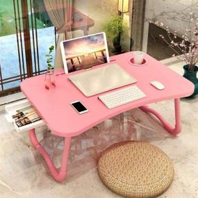 img 3 attached to 🛏️ Складной стол для лаптопа: Портативная подставка для лаптопа с выдвижным ящиком для хранения, розовый стол для лаптопа для письма, чтения и еды в кровати, на диване или полу.