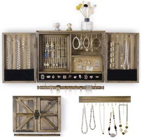 img 4 attached to 🏷️ Ikkle Rustic Wall Mounted Jewelry Cabinet Organizer: Barn Door Design with Removable Bracelet Rod - Perfect for Necklaces, Earrings, Bracelets, and Rings - Wooden Jewelry Box Included