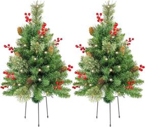 img 4 attached to HomeKaren 30-Inch Prelit Christmas Tree Set - Pathway & Porch Decoration with LED Battery Operated Lights for Outdoor Xmas Decor - Entrance, Driveway, Yard, Garden - Red Berries & Pine Cones