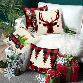 img 1 attached to 🎄 Set of 4 EZIGO Christmas Pillow Covers in 18x18 Inches - Red and Black Plaid Cotton Linen Throw Pillow Covers for Living Room Sofa Home Decor - Farmhouse Christmas Decorations - Xmas Gifts