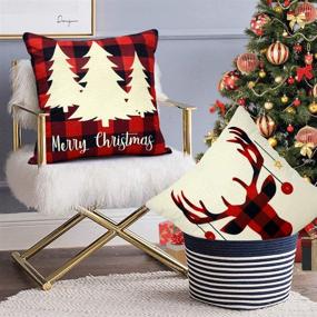 img 3 attached to 🎄 Set of 4 EZIGO Christmas Pillow Covers in 18x18 Inches - Red and Black Plaid Cotton Linen Throw Pillow Covers for Living Room Sofa Home Decor - Farmhouse Christmas Decorations - Xmas Gifts