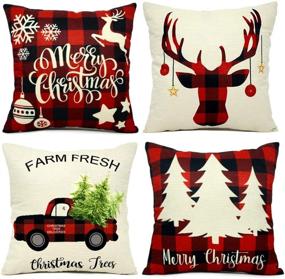 img 4 attached to 🎄 Set of 4 EZIGO Christmas Pillow Covers in 18x18 Inches - Red and Black Plaid Cotton Linen Throw Pillow Covers for Living Room Sofa Home Decor - Farmhouse Christmas Decorations - Xmas Gifts