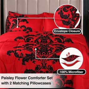 img 1 attached to Boho Paisley Black Flower Comforter Set - Soft Microfiber, Red Queen, Modern Luxury Design - All Season Hotel Style Comforter Set with Pillow Cases