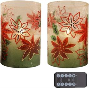 img 4 attached to 🕯️ Set of 2 Red Crackle Glass LED Candles (D4”x H6”) - Real Wax Pillar Flameless Candles in Gradient Christmas Poinsettia Glass Candle Holder - Battery Operated Flameless LED Candle with Timer for Home Decor