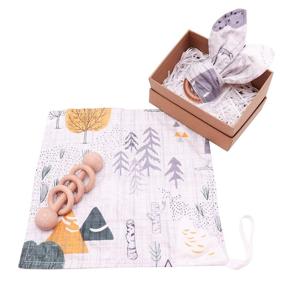 img 4 attached to 🐰 DILIMI Baby Lovey Security Blanket with Wooden Rattle and Bunny Ear Ring - Montessori Gift Set for Newborns, Perfect Shower Gift in Forest Theme