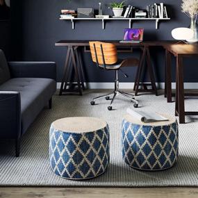 img 2 attached to 🪑 SimpliHome Edgeley Round Pouf, Footstool, Classic Blue Upholstery with Natural Woven Braided Jute and Cotton, Ideal for Living Room, Bedroom, and Kids Room, Boho, Contemporary, Modern