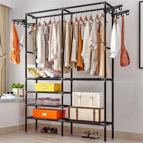 img 4 attached to Versatile and Sturdy: MOAMUN Metal Garment Rack with Top Rod and Lower Storage Shelves - Perfect for Home, Bedroom, Laundry - Free Standing Clothing Hanger (Black)