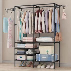 img 1 attached to Versatile and Sturdy: MOAMUN Metal Garment Rack with Top Rod and Lower Storage Shelves - Perfect for Home, Bedroom, Laundry - Free Standing Clothing Hanger (Black)