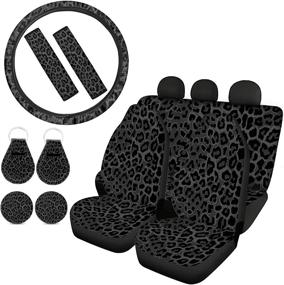 img 4 attached to 🚗 Goyentu Grey Black Leopard Print Car Seat Covers Font Rear Set Steering Wheel Cushion + Seat Belt Protectors + Cup Holder Coasters + Auto Keychains Washable, Universally Fit for Most Vehicles, Trucks, Sedans