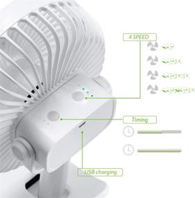 img 2 attached to 🔌 Clip-On Portable Desk Fan: Silent Fans for Bed, Office, Tent - White Mini Fan with 2600mAh Rechargeable Battery, 4 Speeds, 2 Timer Settings