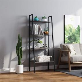 img 2 attached to 📚 Gadroad 4-Tier Industrial Ladder Shelf, Free Standing Storage Rack with Metal Frame, Utility Organizer Shelves for Home Office Kitchen, Grey Oak Finish