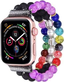 img 2 attached to CAGOS Браслет с бусинками для Apple Watch 38мм/40мм: ручная работа, эластичный модный ремешок с нержавеющим стальным адаптером – серия SE/6/5/4/3/2/1, милый и стильный заменитель – черный.