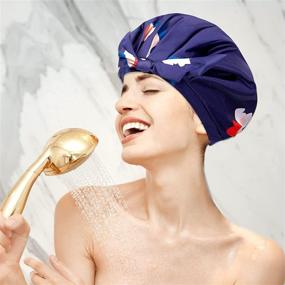 img 2 attached to 🌸 Flower Design Shower Cap for Women - Reusable, Waterproof, Washable - Ideal for All Hair Lengths, Thicknesses - Double Layer Satin-Lined Hair Cap with Beautiful Style and Color