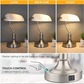 img 1 attached to 💡 Vintage Glass Banker's Lamp for Bedroom, Living Room, Library - Dimmable Touch Control Bedside Nightstand Desk Lamp with 2 Fast USB Charging Ports & Bulb Included