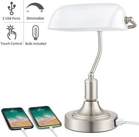 img 3 attached to 💡 Vintage Glass Banker's Lamp for Bedroom, Living Room, Library - Dimmable Touch Control Bedside Nightstand Desk Lamp with 2 Fast USB Charging Ports & Bulb Included