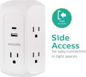 img 2 attached to 🔌 Удлинитель Philips 5 розеток с USB-C и USB портами: защита от перенапряжения, розетки с интервалом для адаптеров, трехконтактные, боковой доступ, с заземлением - идеально для зарядки мобильных телефонов (белый, SPP5252WC/37)