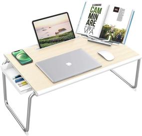 img 4 attached to Nulaxy Folding Table: XXL Large Size Laptop Desk with Storage Drawer and Book Stand for Bed and Sofa - White Oak