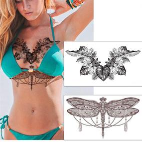 img 3 attached to 🌼 Glaryyears 6 Sheets Black Underboob Tattoo: Stunning Flower Bird Dragonfly Butterfly Leaf Designs for Women – Waterproof Body Art 5.4''x9.45” Temporary Stickers on Chest & Waist