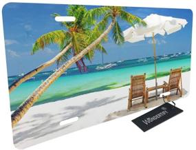img 3 attached to 🏖️ WONDERTIFY Beach Relaxing Scene License Plate with Sea Palm Tree Chairs and Boats Decor - Decorative Front License Plate, Vanity Tag - Metal Car Plate, Aluminum Novelty License Plate - 6 X 12 Inch (4 Holes)