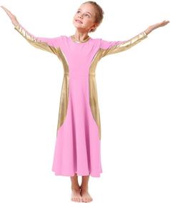 img 2 attached to OwlFay Girls Metallic Gold Color Block Liturgical 👗 Praise Dance Dress: Full-Length Ruffle Tunic Skirt for Worship