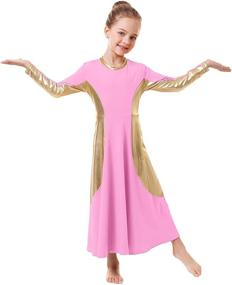 img 3 attached to OwlFay Girls Metallic Gold Color Block Liturgical 👗 Praise Dance Dress: Full-Length Ruffle Tunic Skirt for Worship