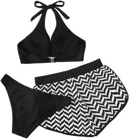 img 3 attached to 🌿 Leaf Print Wrap Halter Top with Shorts Bikini Set for Women - SweatyRocks Three Piece Swimsuit